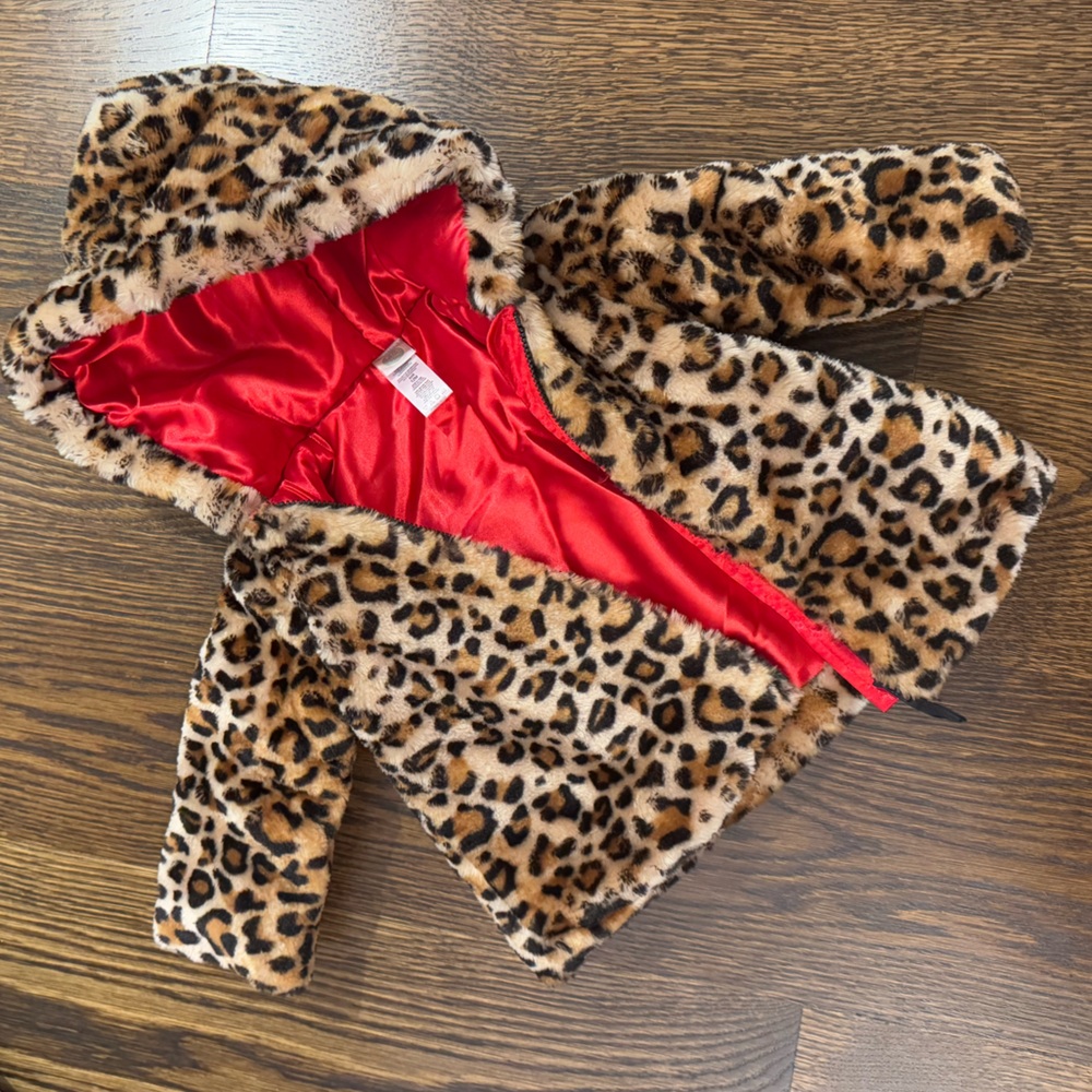 Little Me Faux Fur Leopard Print jacket with Satin Red Lining 12month NWOT